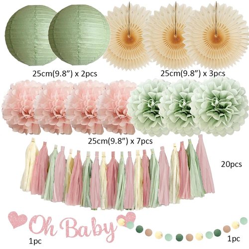 Sage Green and Blush Pink Baby Shower Decorations Oh Baby Shower Decorations for Girl Dusty Rose and Sage Green Beige Boho Pastel Dusty Pink Party Decorations with Cream Tassel Garland