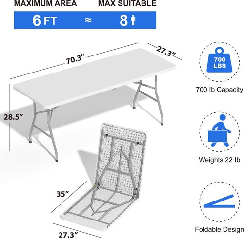 Heavy-Duty 6FT Folding Table by [Brand Name] - Portable Plastic Utility Table for Indoor/Outdoor Events | White