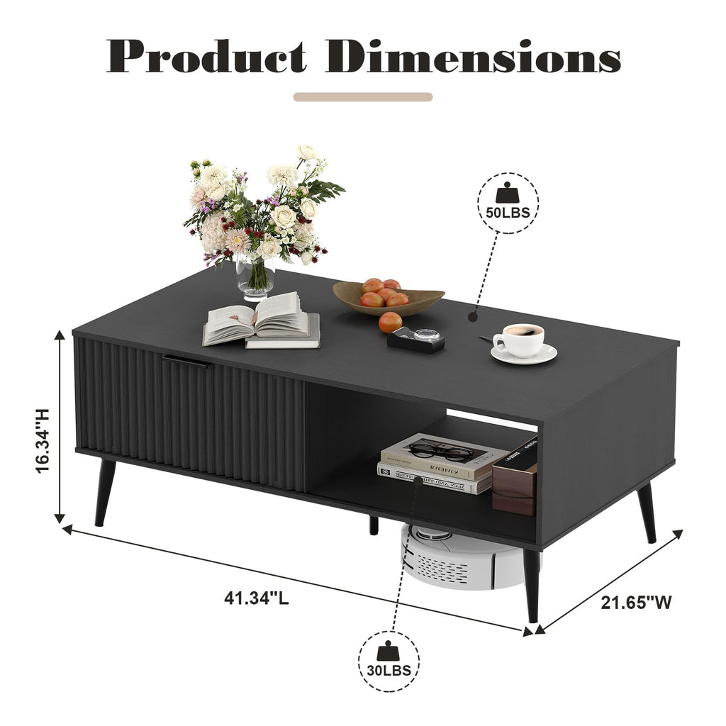 Modern Coffee Table with Storage, 2-Tier Wooden Cocktail Table, Mid Century Modern Coffee Tables with Wave-Style Sliding Doors and Solid Wood Legs, for Living Room, Office, Black