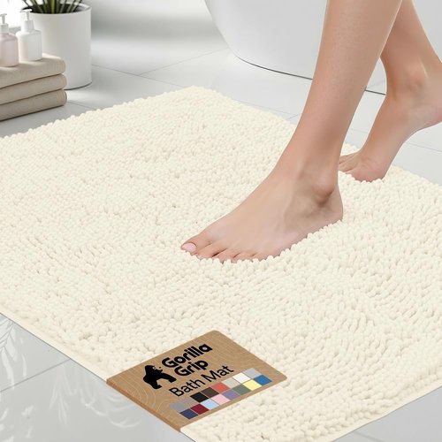 GORILLA GRIP Bath Rug Mat - Soft Absorbent Chenille with Quick Dry Microfiber | 24x17 Inches, Ivory