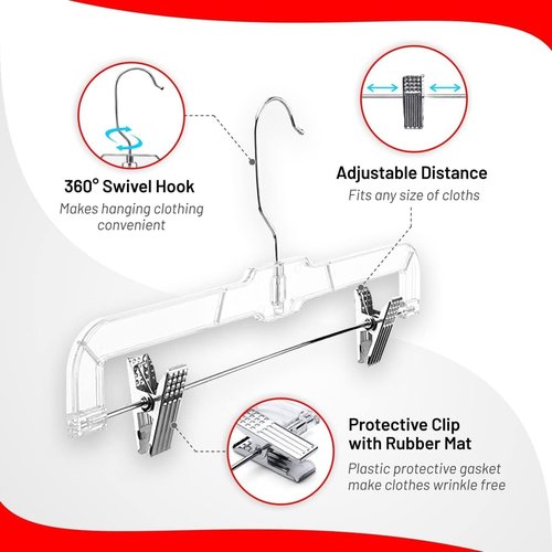 DEILSY™ Skirt Hanger - Non-Slip Pants Hangers with Adjustable Clips - Clear Plastic, Pack of 12