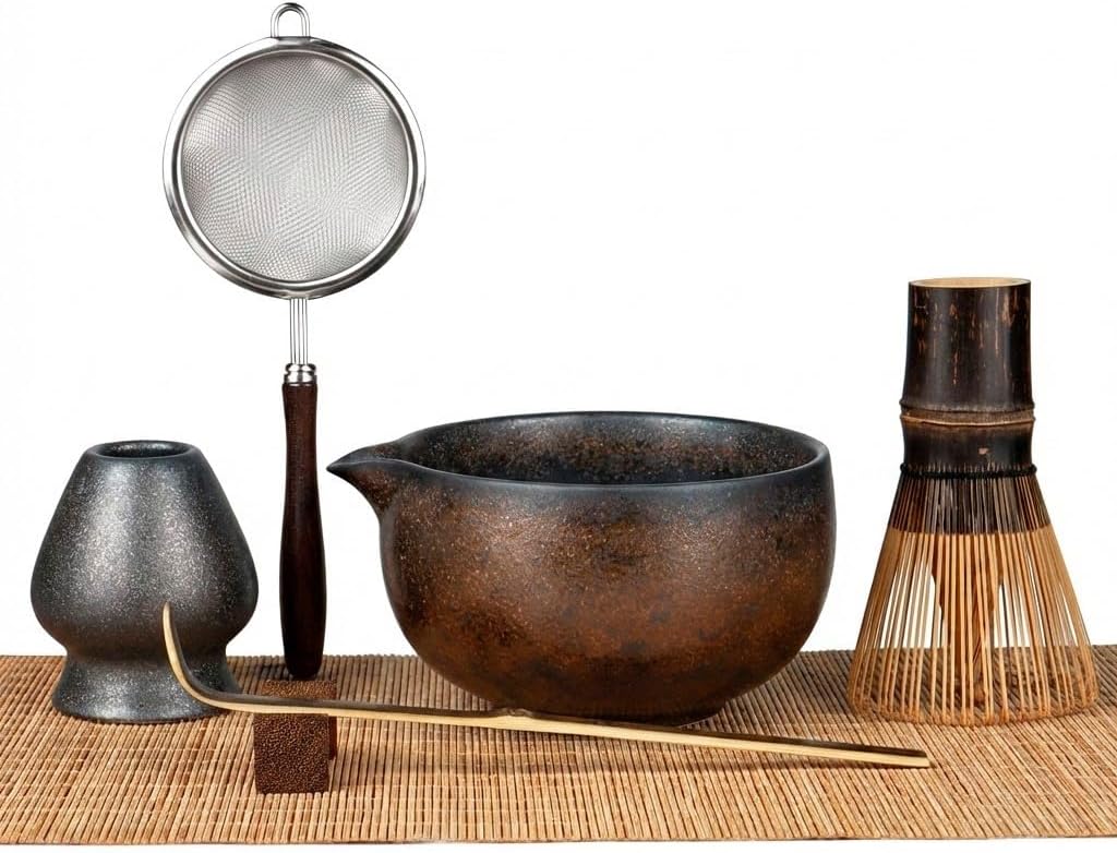 Matcha Whisk Set - 7-Piece Complete Kit with Handmade Bowl, 100-Prong Bamboo Whisk & Accessories