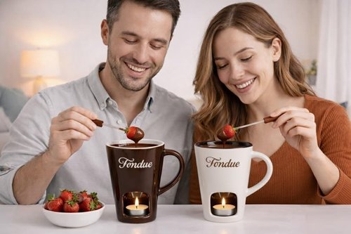 White Chocolate Fondue Mug with Tealight & Fork – Ceramic Single-Serve Fondue Cup for Chocolate & Cheese Dipping