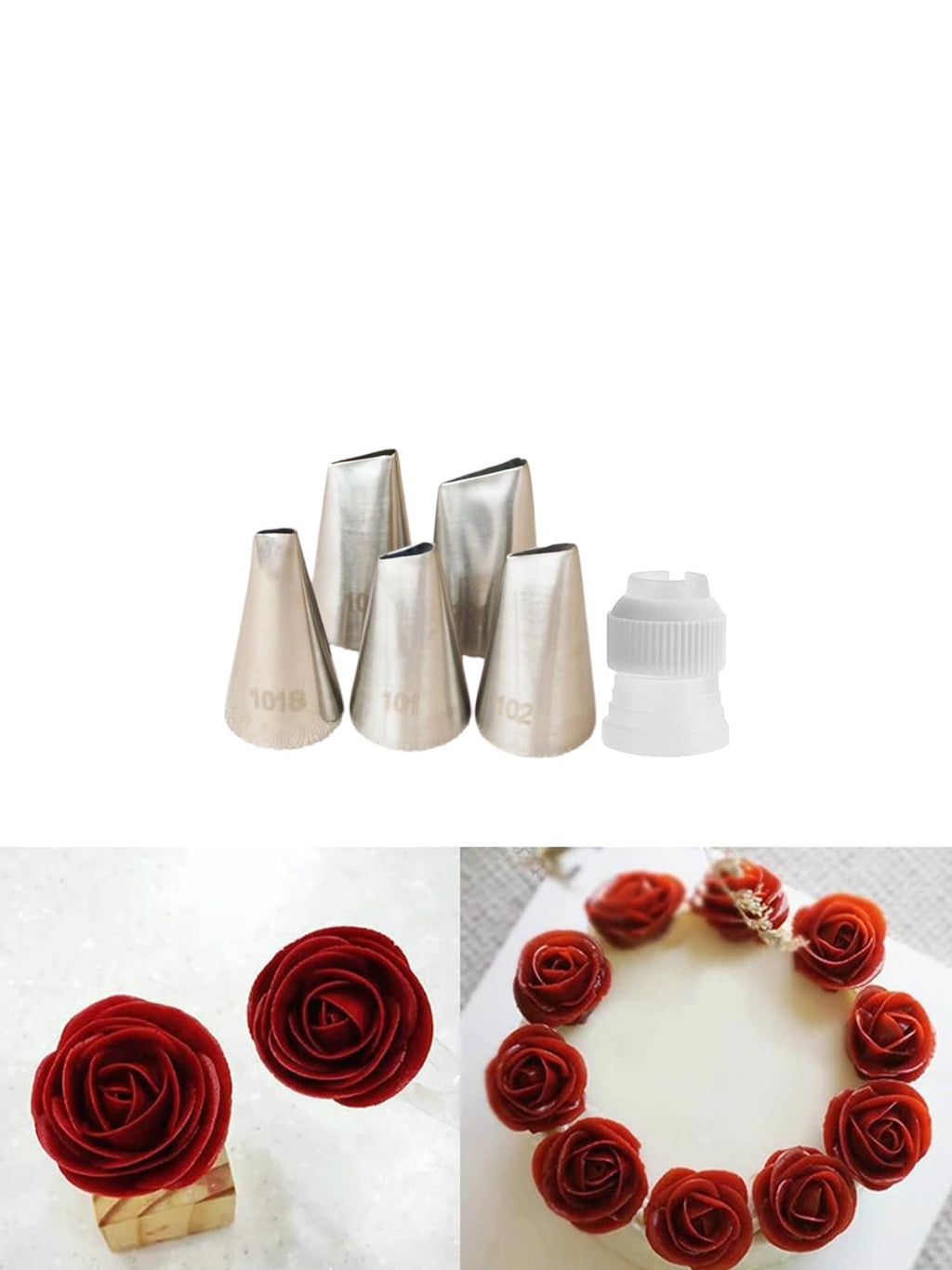 Petal Piping Tips Set with Coupler,101s,101,102,103,104 Rose Icing Flower Tip for Small Roses,Petals,Ruffles,Bows,Pansies& Standard Coupler for Switching