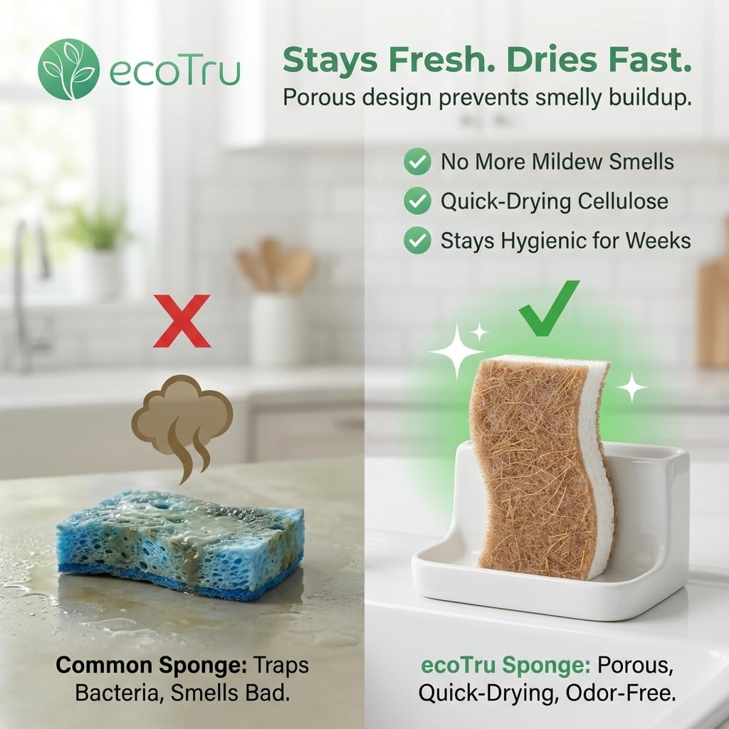 6 Pack Natural Kitchen Sponges, Compostable White Cellulose & Organic Coconut Scrubber Sponge for Washing Dishes, Kind Eco Friendly Non Toxic & Biodegradable Dishwashing Sponges