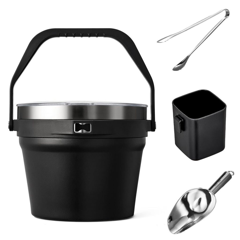 COKTIK 7L Vacuum Insulated Ice Bucket with Lid and Scoop& Tongs，Large capacity Stainless Steel Beverage Bucket for Cocktail, Champagne, Wine, Beer，Large Parties（Carbon Black Suit）
