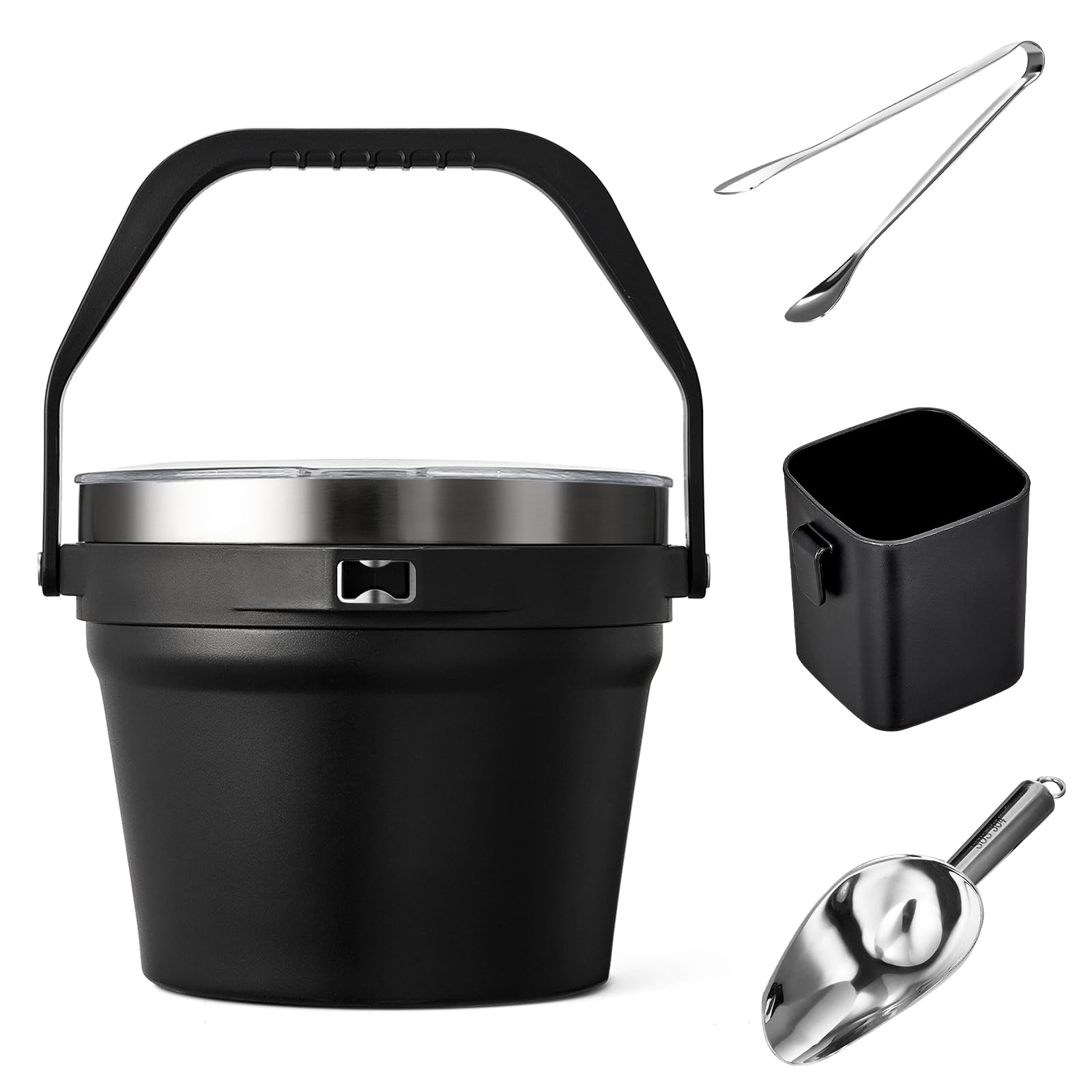 COKTIK 7L Vacuum Insulated Ice Bucket with Lid and Scoop& Tongs，Large capacity Stainless Steel Beverage Bucket for Cocktail, Champagne, Wine, Beer，Large Parties（Carbon Black Suit）