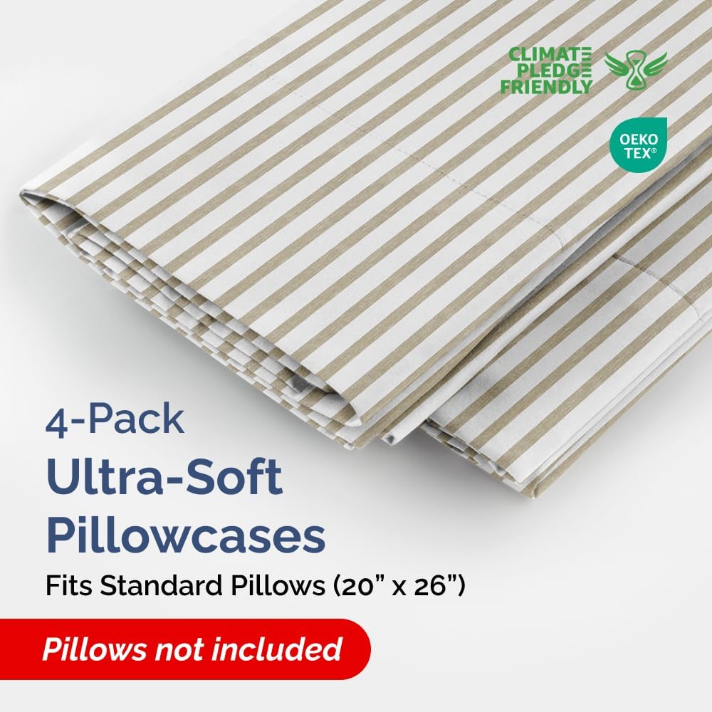 Skiennix Standard Pillow Cases Set of 4 - Soft Hotel Quality Covers - Machine Washable Beige Stripes