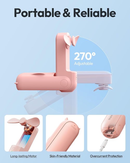 Gaiatop Portable Handheld Fan - 3-in-1 Mini USB Rechargeable Fan | 17-Hour Max Cooling, Foldable Design, Pink