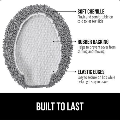 GORILLA GRIP Soft Chenille Toilet Lid Cover - Machine Washable, Non-Slip Rubber Backing, Grey, 19.5x18.5