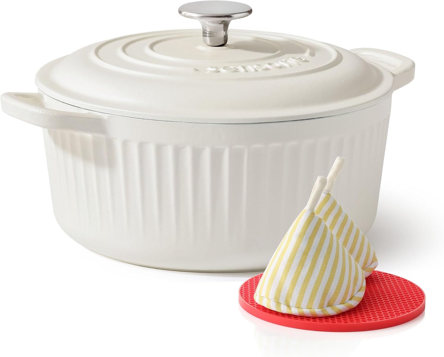 SENSARTE Enameled Cast Iron Dutch Oven - 3.5 Quart Heavy-Duty Kitchen Pot with Lid & Potholders | White