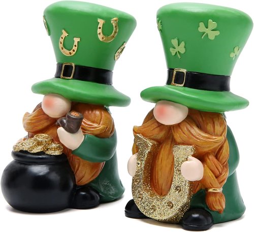 Hodao St. Patrick's Day Gnome Decorations - 2 PCS Green Elf Figurines for Home Table Decor