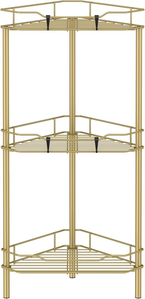 HuggieGems Corner Shower Caddy Organizer - 3 Tier Floor Stand with Hooks | Elegant Gold Finish