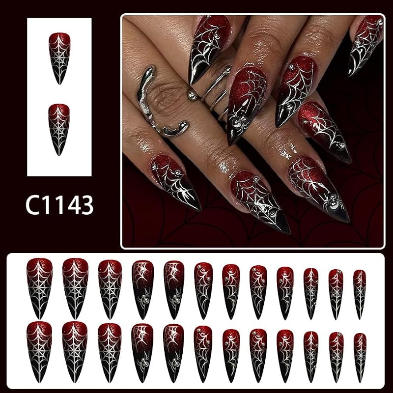 Halloween Press on Nails Long Pointed False Nails Red Glitter Spider Web