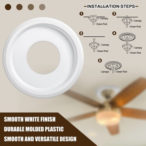 Moukeren 4 Pieces Ceiling Medallion Molded PU Ceiling Fan Medallions for Light Fixtures 9.8" OD x 4" ID Smooth White Finish Light Cover for Home Chandeliers Round Ring Plate Decor