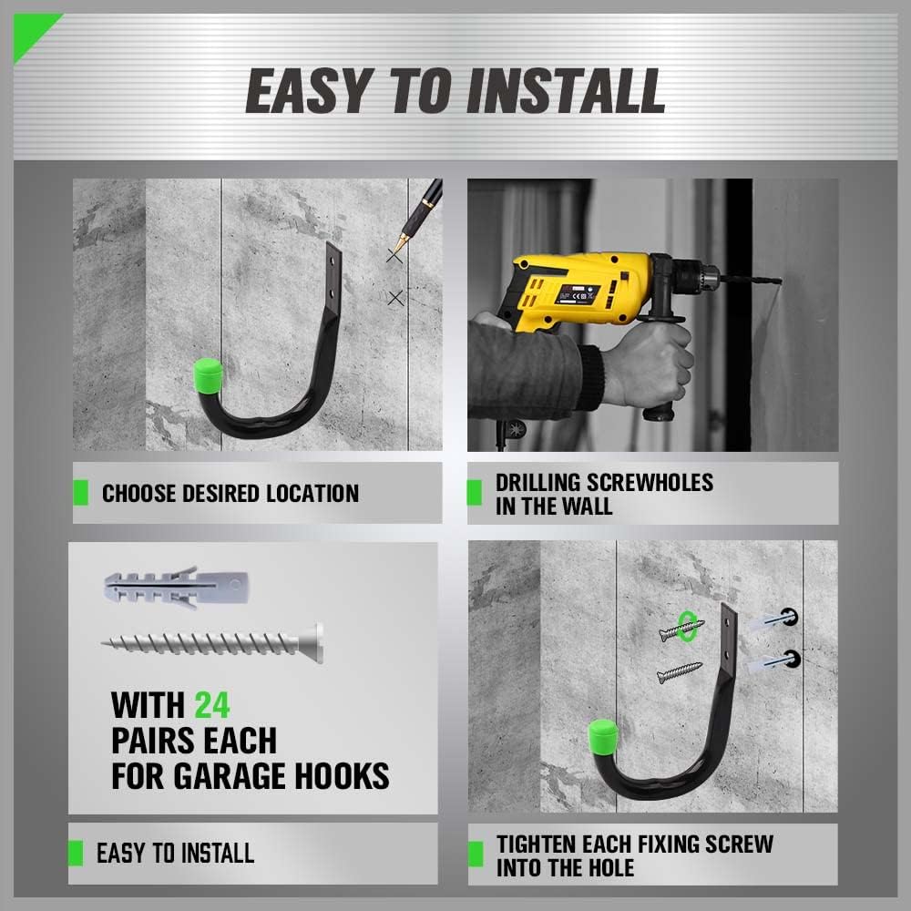 SWANLAKE Heavy Duty Garage Storage Hooks - 12 Black Utility Hooks for Wall Organization
