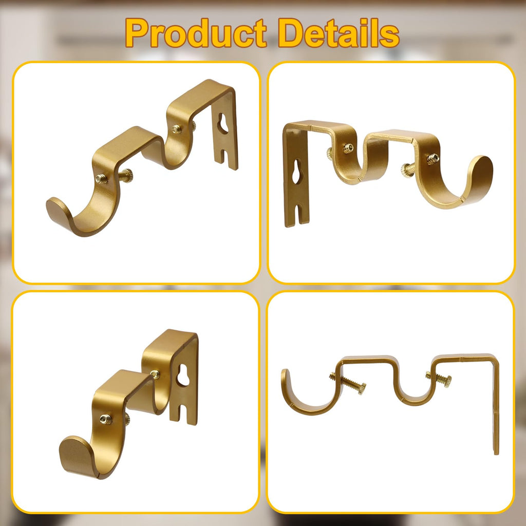 Shonmogar Double Curtain Rod Bracket 6 Pack Metal Curtain Rod Holders for Wall Sturdy Curtain Bracket for 1 Inch Curtain Rod Gold Wall Mounted Curtain Rod Hooks for Bedroom Living Room Patio