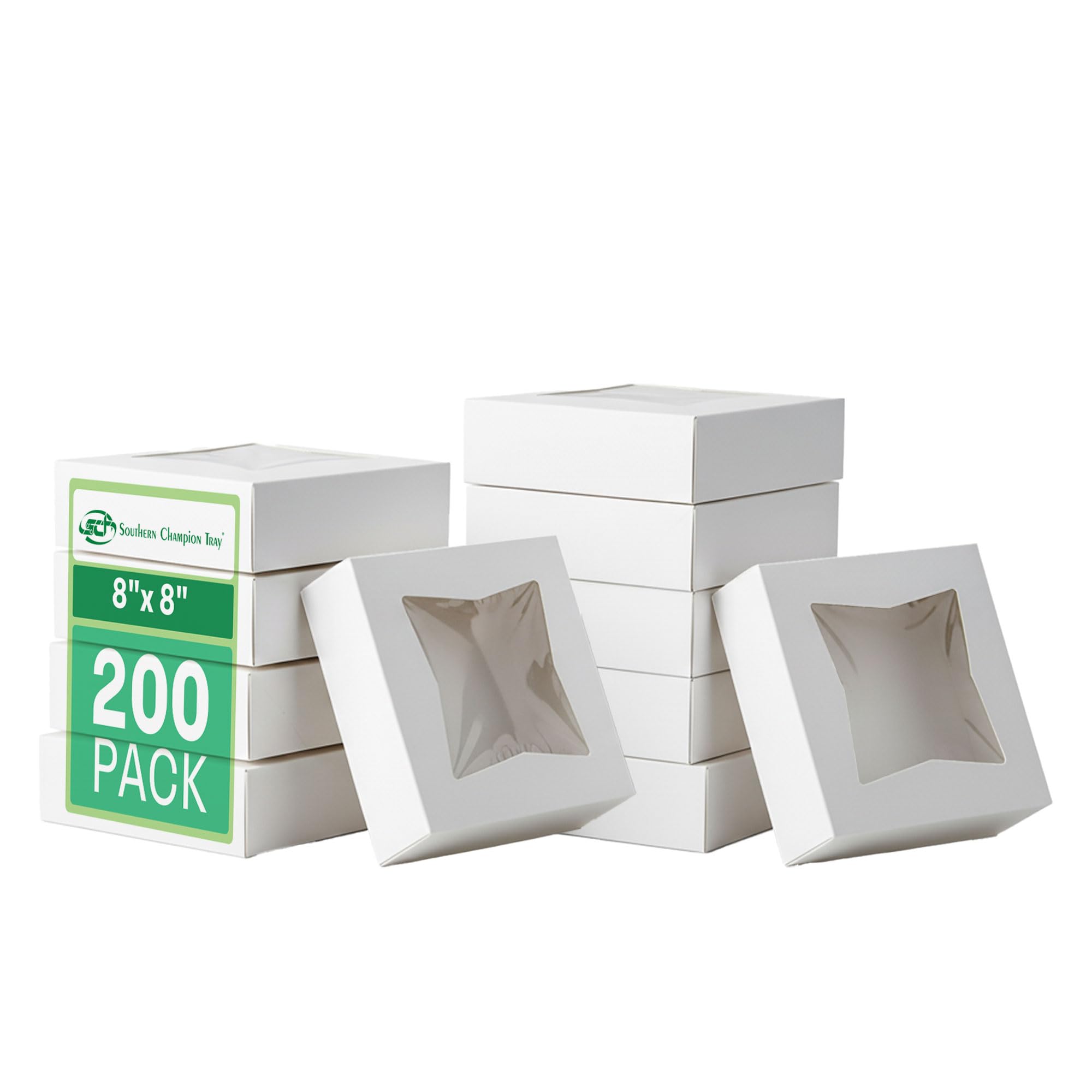 SCT White Window Bakery Boxes with Attached Flip Top, 4-Corner Beers Design, 8 x 8 x 2.5, White, Paper, 200/Carton