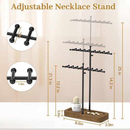 MODOWEY Necklace Holder Organizer Stand with 36 Hooks, Tall Display Tree Rack for Women Men Jewelry Storage, Adjustable 2 Tier Metal Hanger Wood Tray for Vendor, Large Capacity for Dresser Small Space