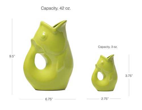 Gurgle Pot Fish Pitcher, Set of 2, Kiwi Green, French Inspired Design, Large Pitcher 42 oz. with baby Gurgle Pot