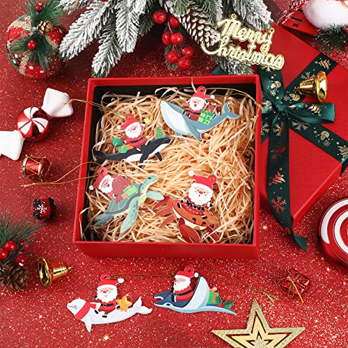 12 Pcs Wooden Christmas Sea Life Ornaments - Santa Ocean Animal Decorations