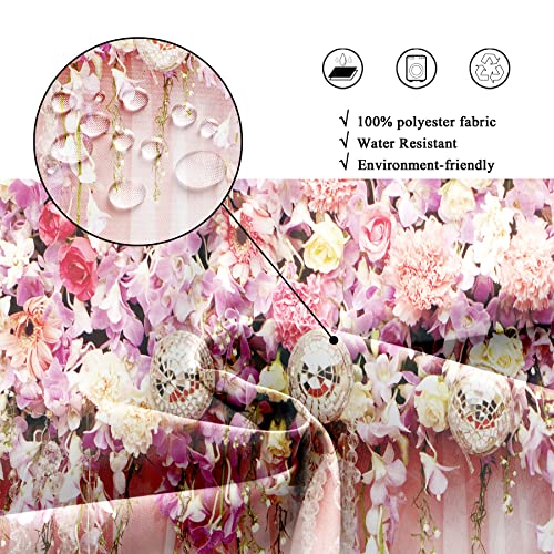 Riyidecor Pink Floral Shower Curtain 72"x72" with Hooks - Bridal Decor