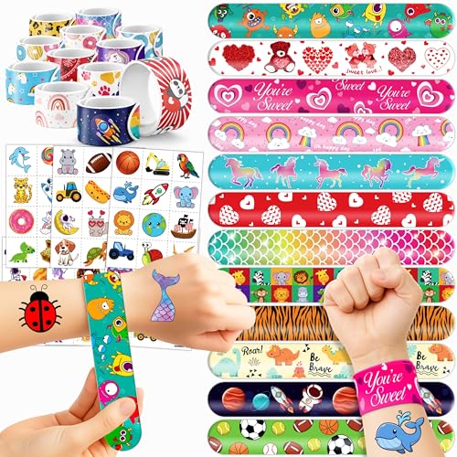 144PCS Kids Party Favor Set - Slap Bracelets & Temporary Tattoos