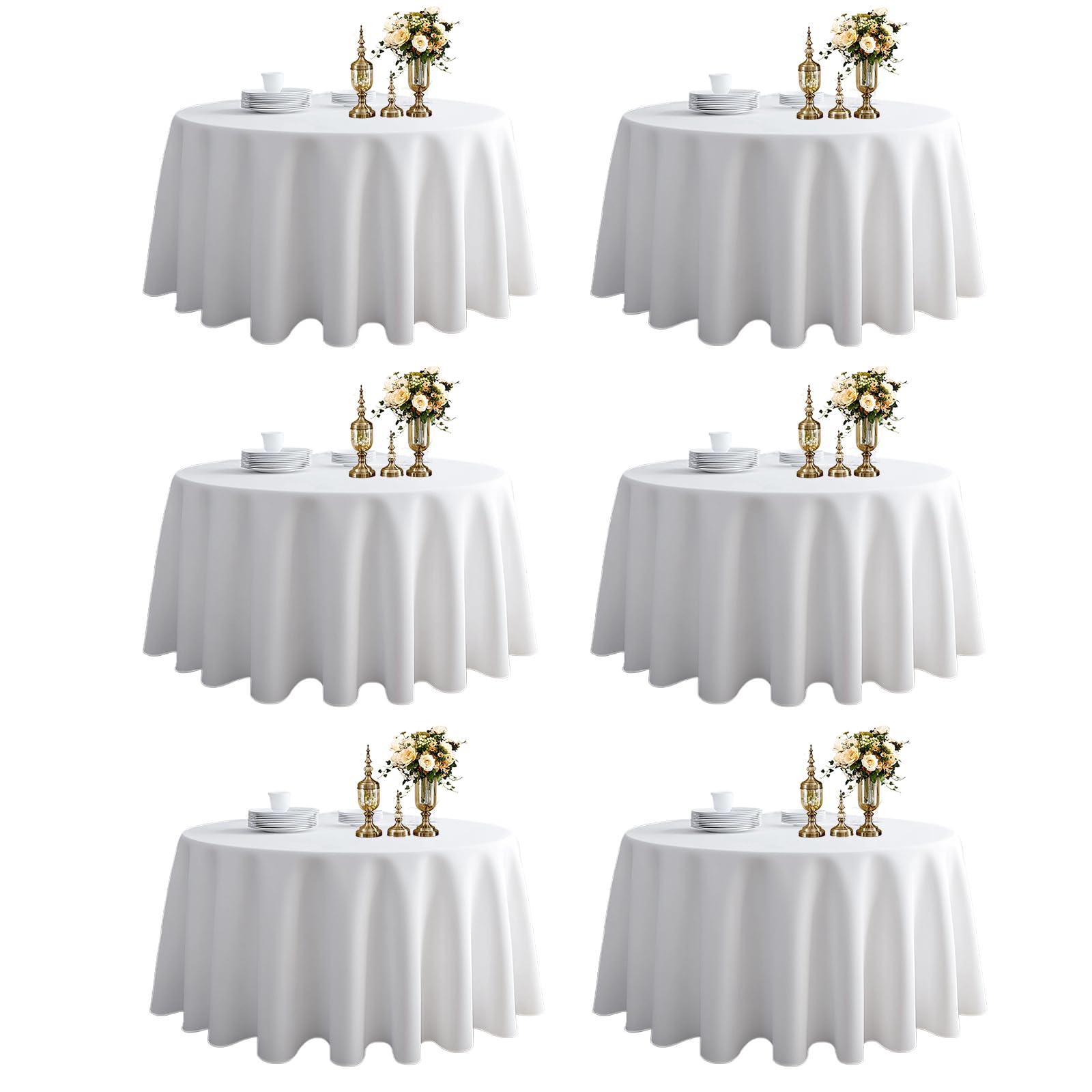 TWINPRET Round Tablecloth 108 Inch,White Waterproof Washable Polyester Table Cloth - Stain & Oil Resistant Circle Table Cover for Indoor Outdoor Dining, Patio, Party (Fits 48-72 Inch Tables) [6 Pack]
