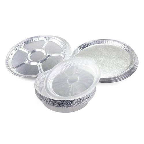 IDL Packaging 30 pc Aluminum Catering Set with 10 Lazy Suzan Trays, 10 Flat Trays and 10 Pans with Lids - Disposable Round Aluminum Foil Containers for Baking, Catering, Party Servings