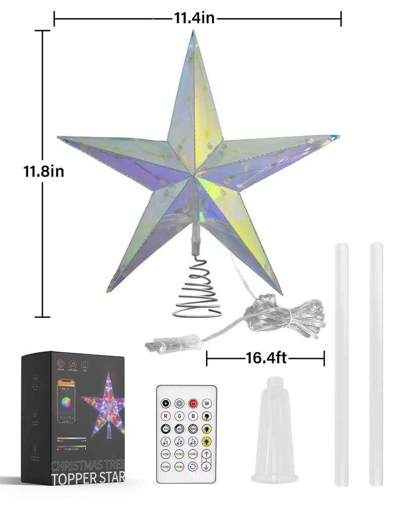 11.8" Christmas Tree Topper Star with APP & Remote Control, Color Changing Tree Topper Star Lighted with Music Sync, DIY Modes, Dimmable, Timer for Indoor Christmas Tree Decoration