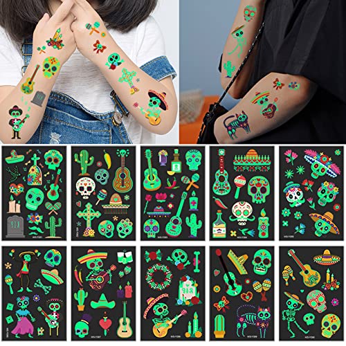Felico Luminous Day of the Dead Temporary Tattoos - Glow in the Dark