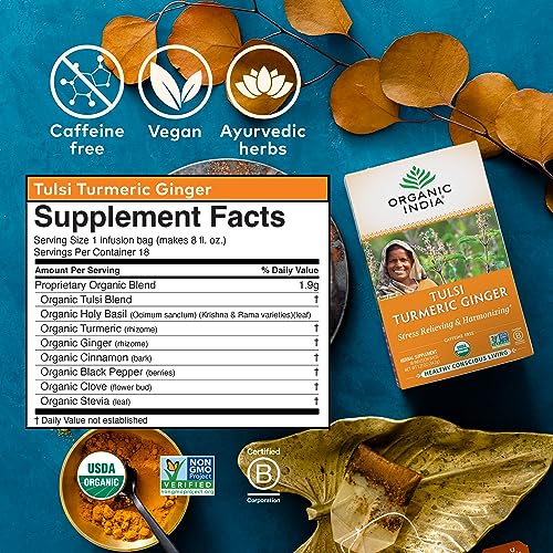 Organic India Tulsi Turmeric Ginger Tea Bags - 18 Infusion Pack, Calming & Organic