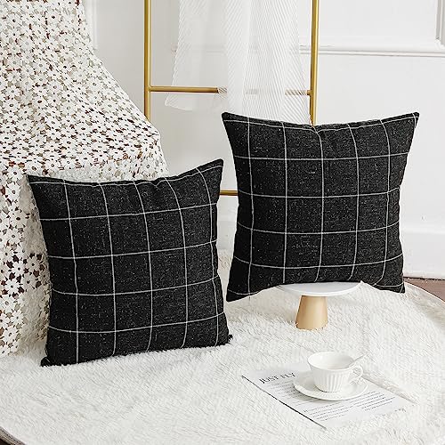 Pack of 2 Black & Beige Plaid Throw Pillow Covers - 20x20 Linen Cushion Covers for Sofa & Living Room