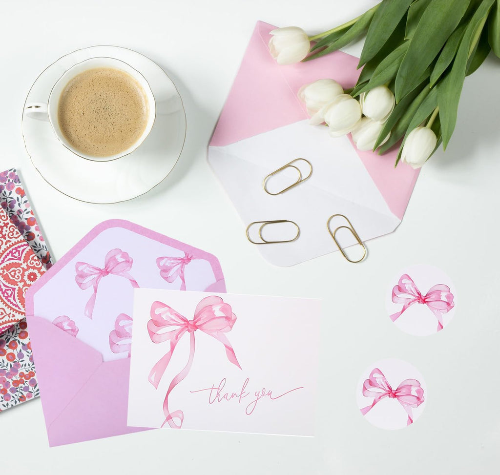 30Pack Pink Bow Thank You Cards with Envelopes Stickers Bow Blank Note Card Watercolor Greeting Card for Wedding Party Birthday Supplies (Pink)