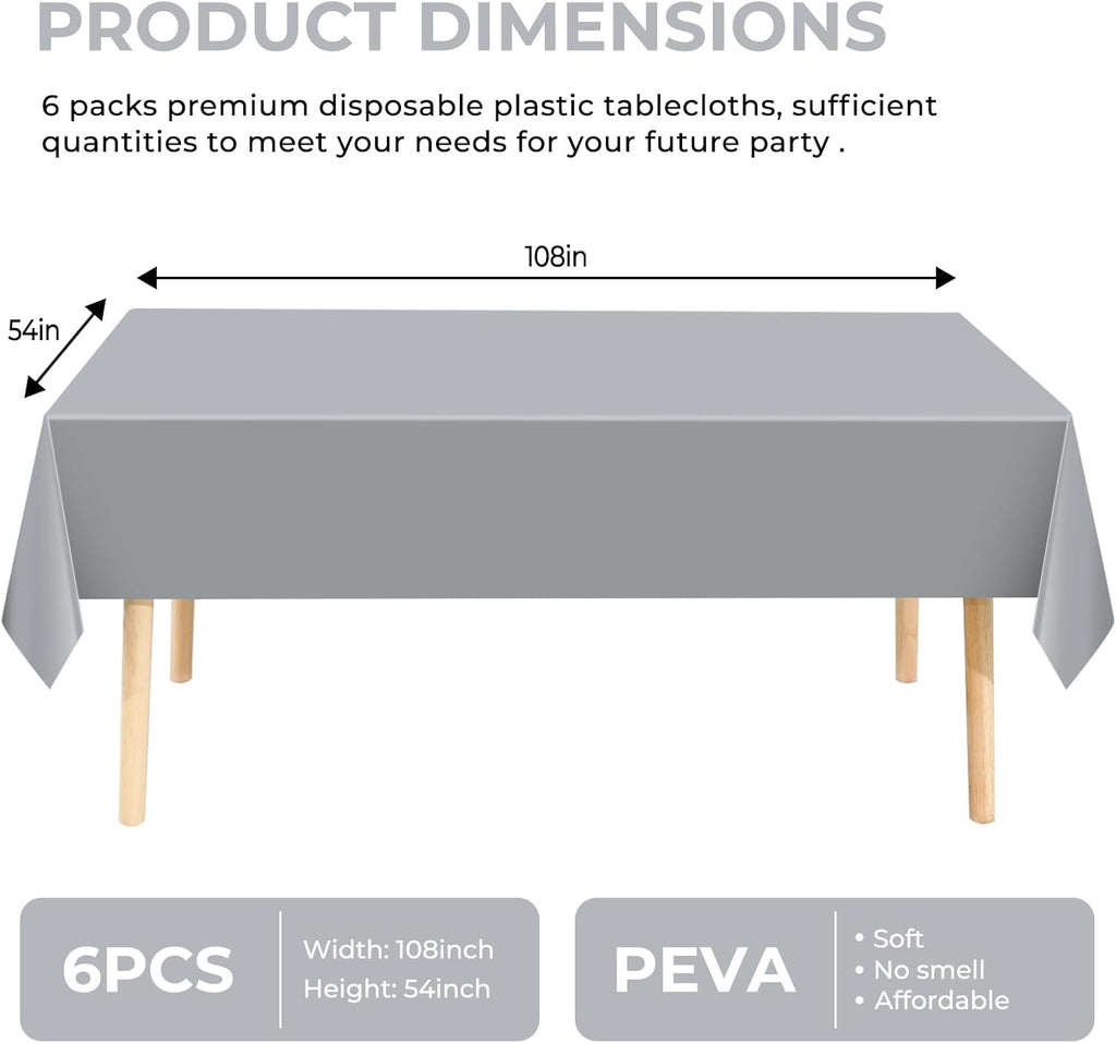 Skiennix Premium Disposable Plastic Tablecloths - 6 Pack | 54" x 108" for Indoor/Outdoor Events - Silver Grey