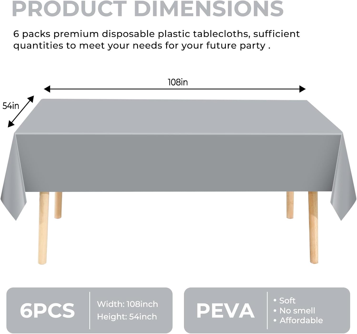 Skiennix Premium Disposable Plastic Tablecloths - 6 Pack | 54" x 108" for Indoor/Outdoor Events - Silver Grey