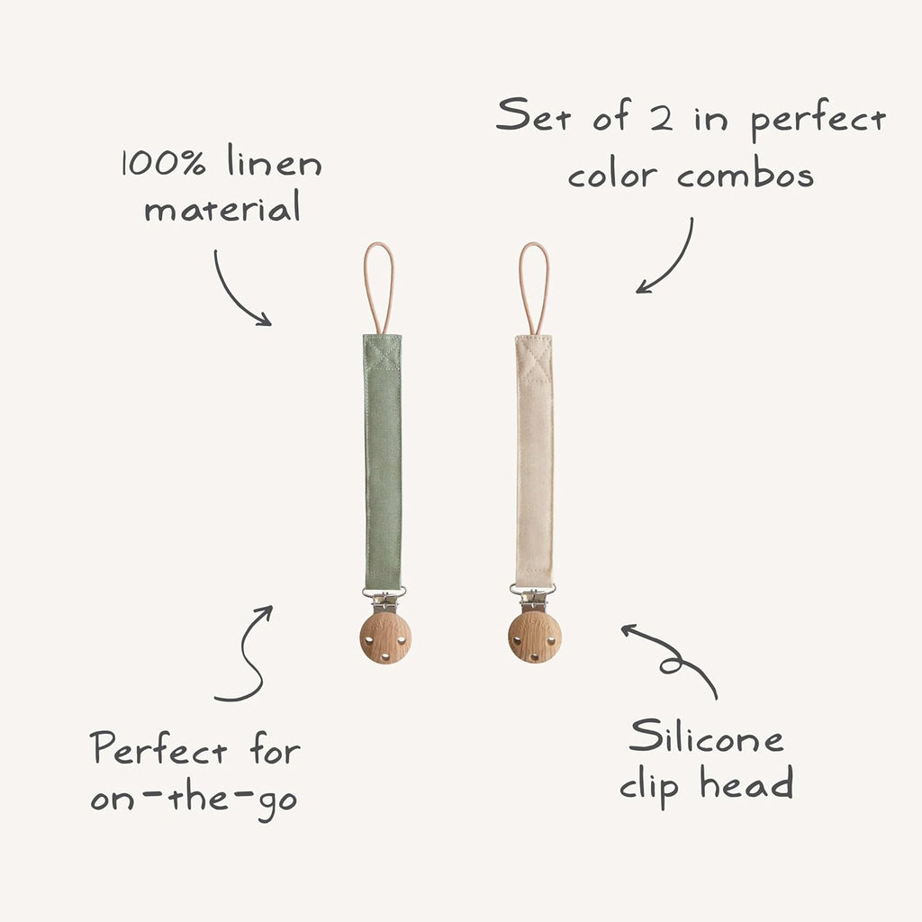 Mushie Linen Baby Pacifier Clip Holder - Soft Fabric Strap, 2-Pack in Olive & Shifting Sand