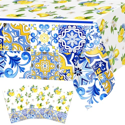 Avezano Lemon Theme Disposable Tablecloths - 3 Pack, 108x54 Inch Table Covers