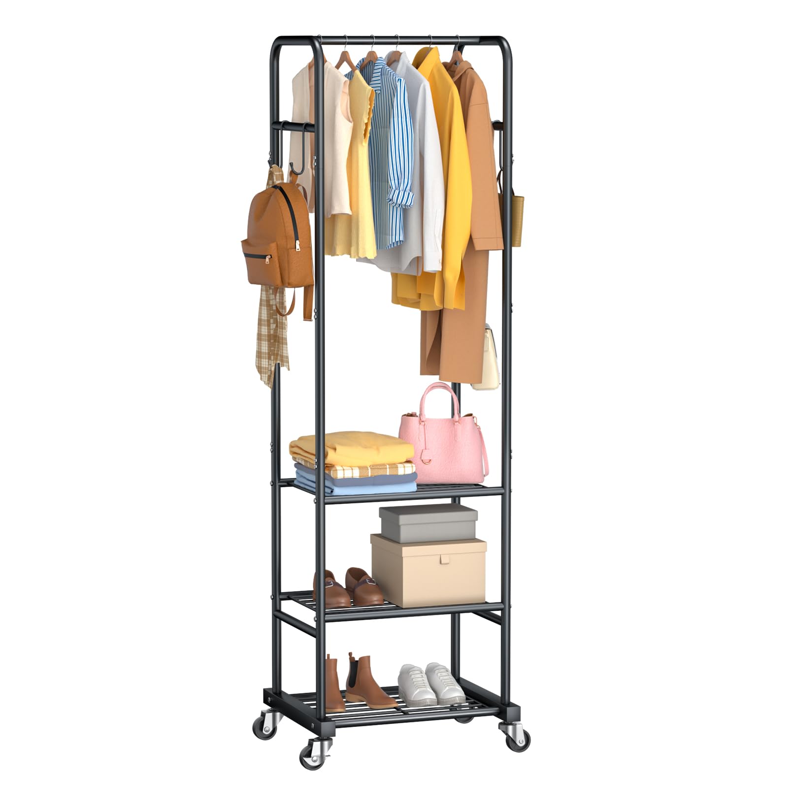 ZHKINGGS Clothes Rack with Wheels, Freestanding Garment Rack with 3 Metal Shelves for Hanging Clothes, Portable Hanging Rod for Small Room, Bedroom, Bathroom (Black)