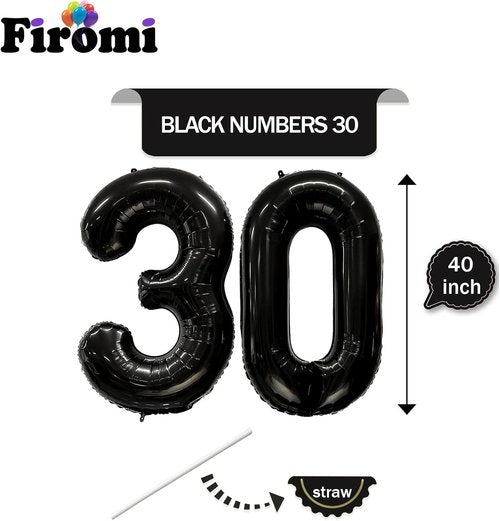 FIROMI 30-Inch Black Number Balloons - Jumbo Mylar Foil for 30th Birthday & Anniversary Celebrations