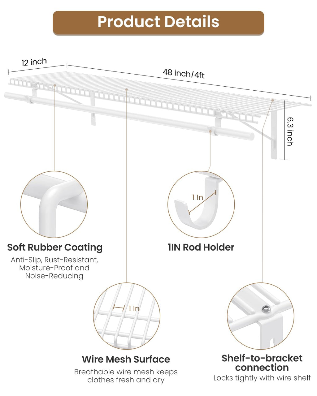 Supforce 2 Pack Closet Shelves with Triangular Brackets and Hanging Rod, 4FT X 12IN Wall Mounted Wire Shelving Orgnizer for Closet,Laundry Room,Pantry,Load Up to 150lb