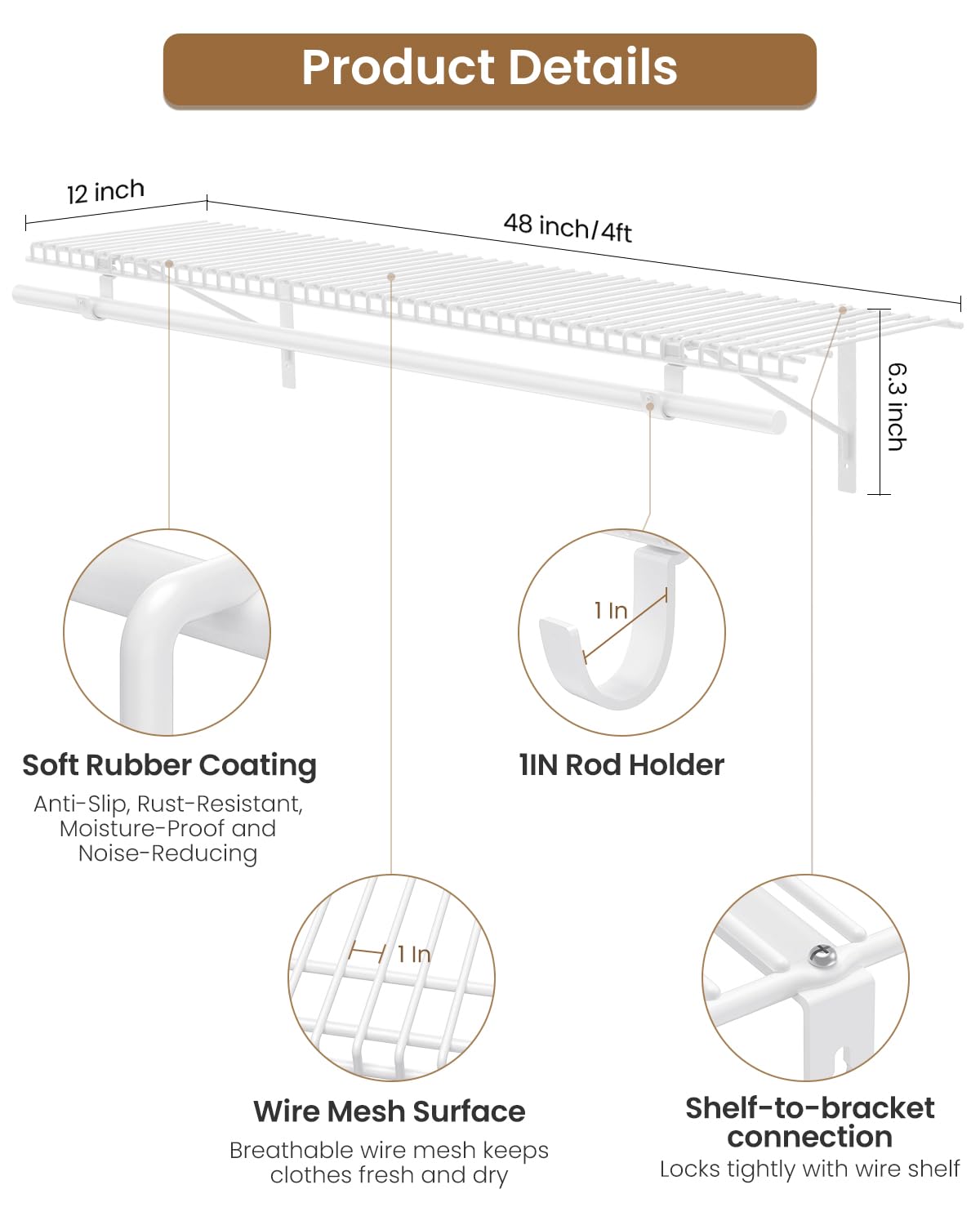 Supforce 2 Pack Closet Shelves with Triangular Brackets and Hanging Rod, 4FT X 12IN Wall Mounted Wire Shelving Orgnizer for Closet,Laundry Room,Pantry,Load Up to 150lb