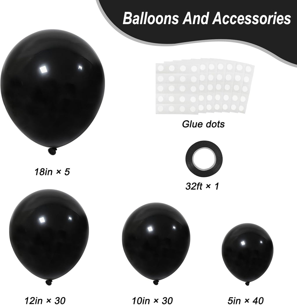 RUBFAC Black Balloons - Premium Latex Party Decorations | 105pcs in 5/10/12/18 Inches for Events