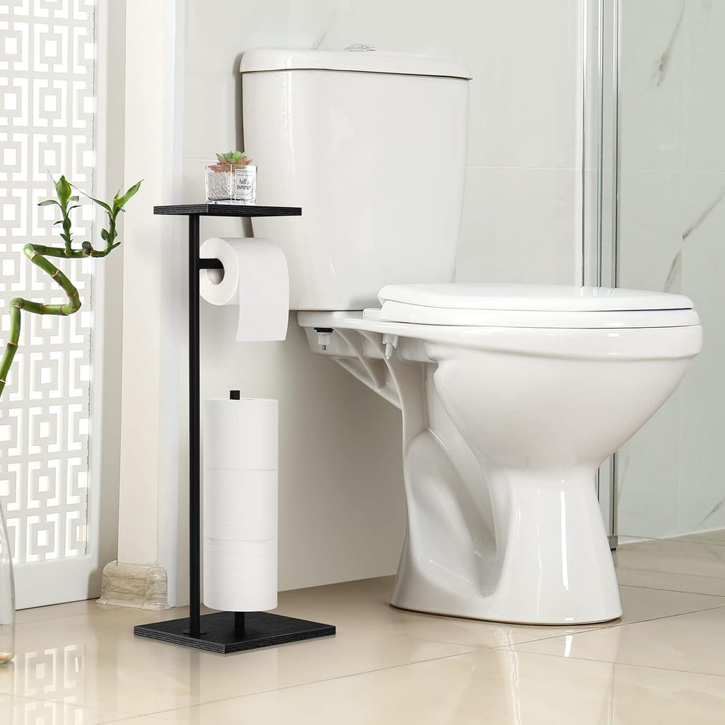 Skiennix Free Standing Toilet Paper Holder - Stylish Black Bathroom Stand with Storage Shelf for Mega Rolls