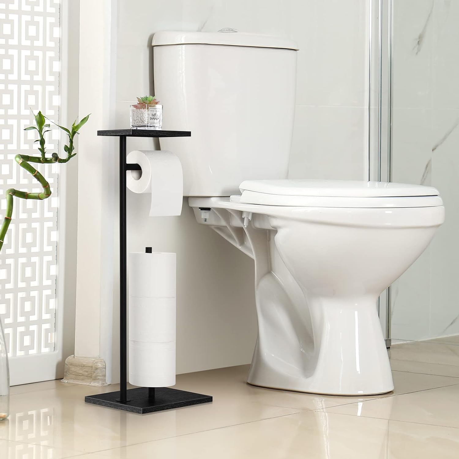 Skiennix Free Standing Toilet Paper Holder - Stylish Black Bathroom Stand with Storage Shelf for Mega Rolls