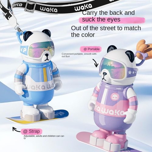 Waka Snowboarder Panda Insulated Water Bottle, SUS316 Liner, 6h Temperature Lock, Portable with Strap (Blue)