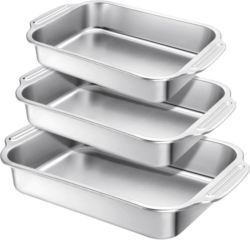 Funnymoom Stainless Steel Baking Pan Set - 3 Rectangular Cake Pans (12/14/15 Inch) for Versatile Baking