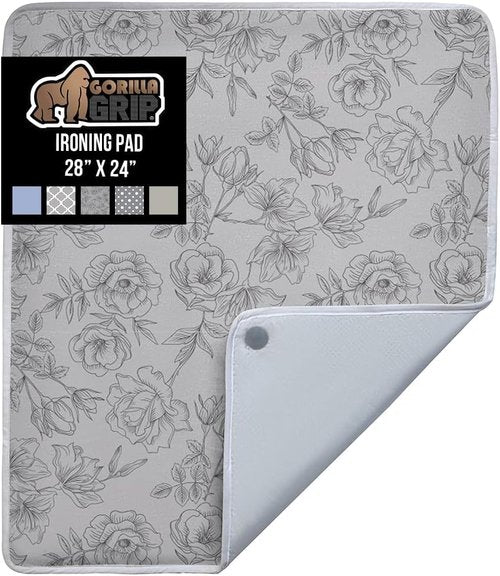 GORILLA GRIP The Original Ironing Board Cover and Pad, Silicone Coating, 400°F Scorch Resistant Thick Padding, Heavy Duty Iron Covers Standard Boards, Hook and Loop Fastener Strap, Gray Floral 28x24