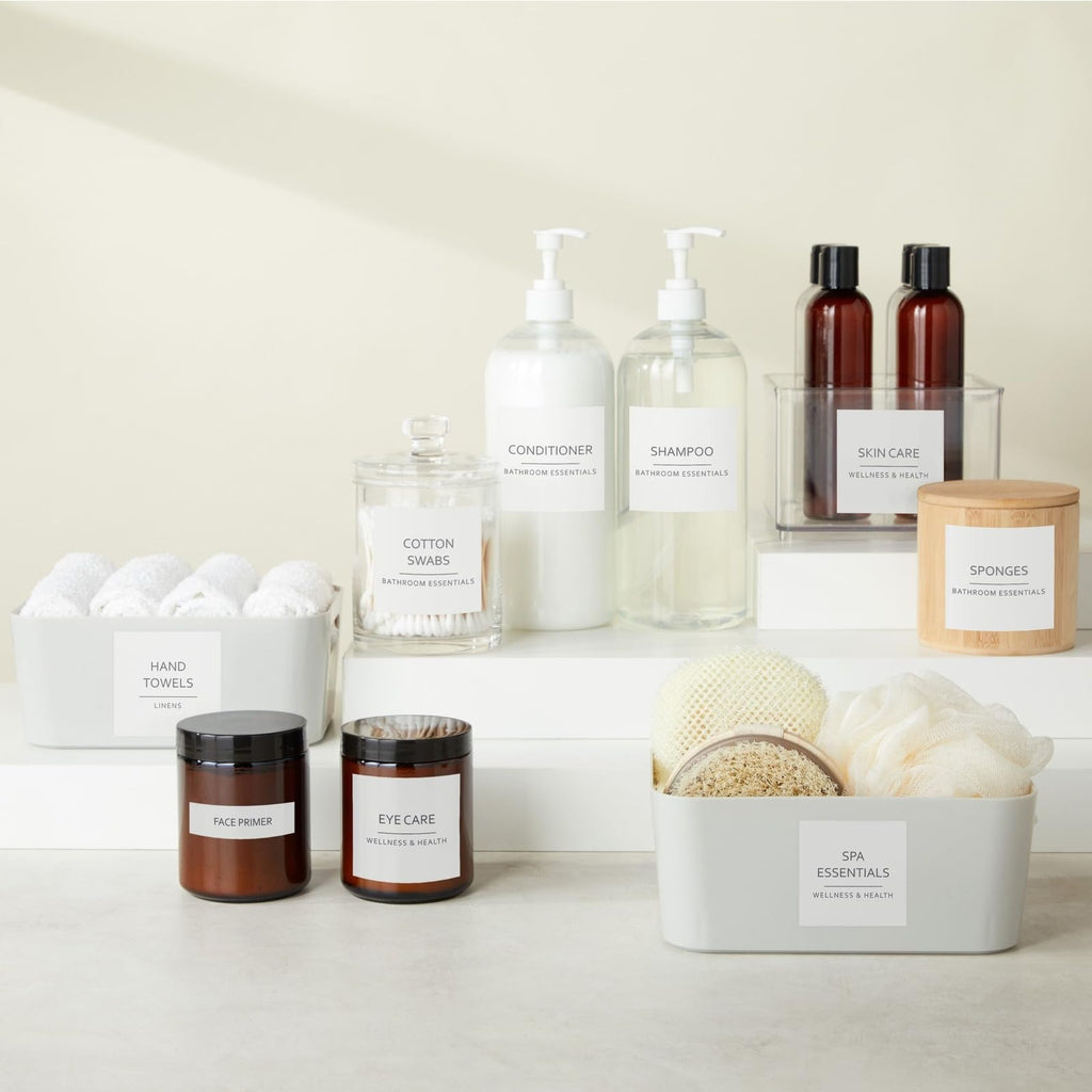 Talented Kitchen Minimalist Bathroom Labels for Organizing - 174 Labels, 2.5" x 2.5" & 2.5" x 0.75", Black on White - Stickers for Jars & Bottles - Water-Resistant for Medicine Cabinet