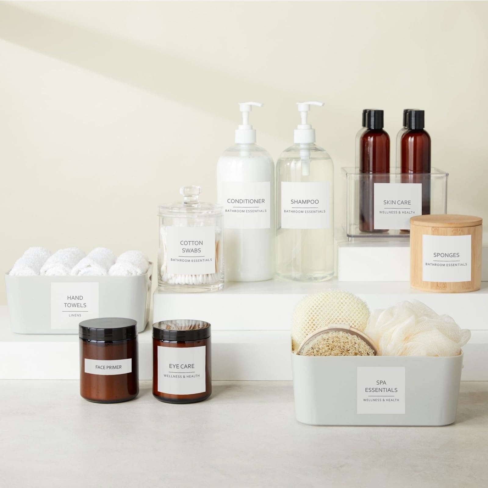 Talented Kitchen Minimalist Bathroom Labels for Organizing - 174 Labels, 2.5" x 2.5" & 2.5" x 0.75", Black on White - Stickers for Jars & Bottles - Water-Resistant for Medicine Cabinet